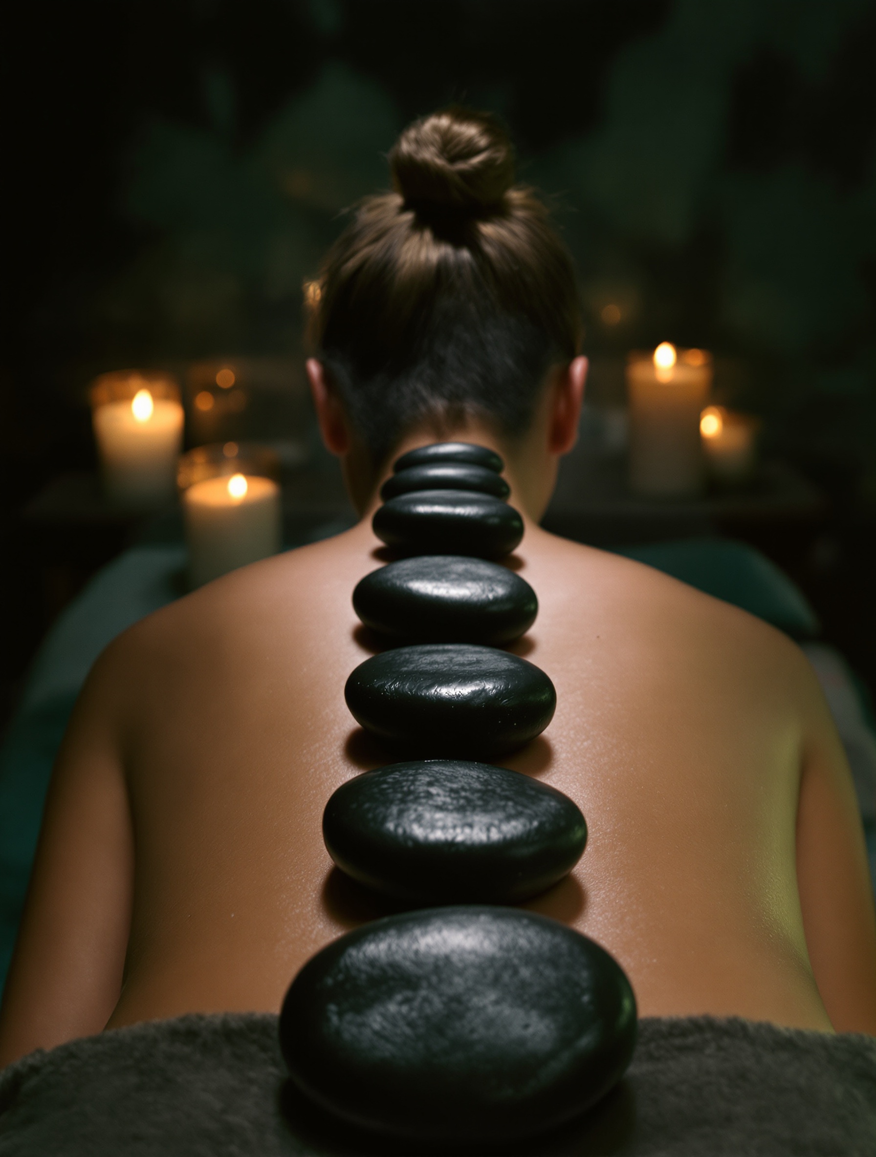Warme Basaltsteine entlang der Wirbelsäule auf dem Massagetisch